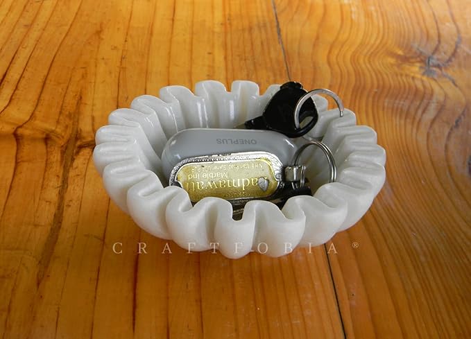 HandCrafted Marble Bowl/Antique Scallop dish/Fruit bowl/Vintage Ring Dish/marble decor Decorative Ruffle Flower scalloped Bowls/HouseWarming Wedding Gift/Urli (8 inches)