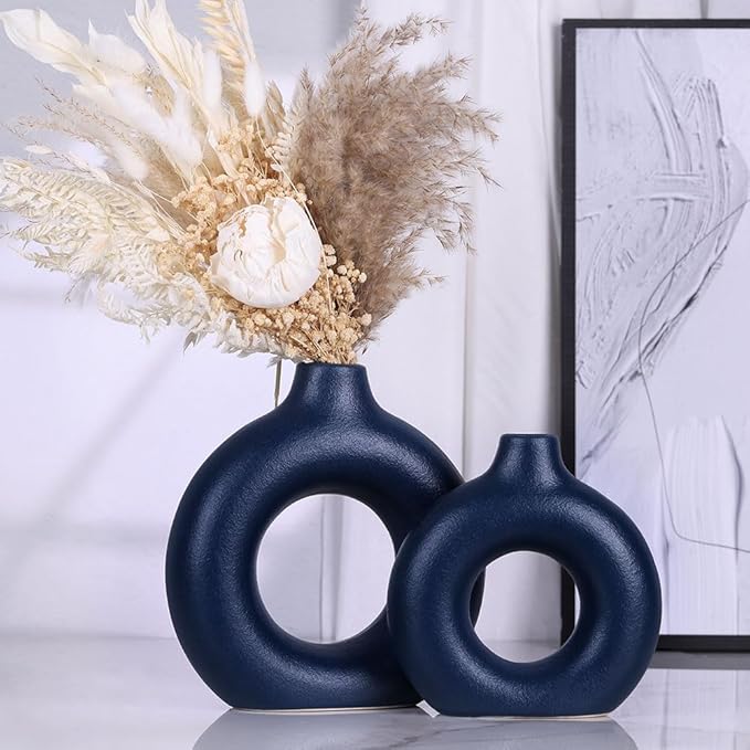 Blue Ceramic Vases Set - 2 Circular Donut Vases for Farmhouse or Country Style Decor, Modern Blue Accents for Living Room, Table Centerpiece, Fireplace Mantel or Entryway Shelf Decoration