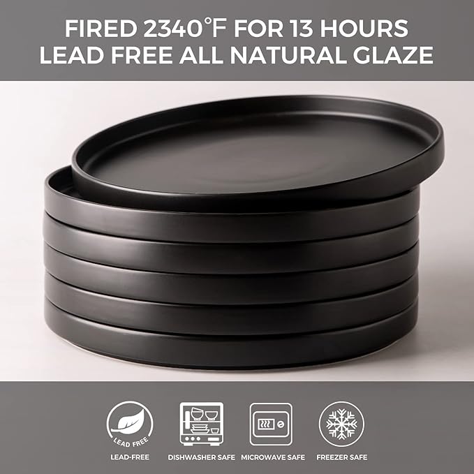 AmorArc Ceramic Plates Set of 6, Matte Glaze 8.0 Inch Dishes Set for Kitchen, Dessert,Salad,Appetizer, Small Dinner Plates, Microwave & Dishwasher Safe, Scratch Resistant, Matte Black