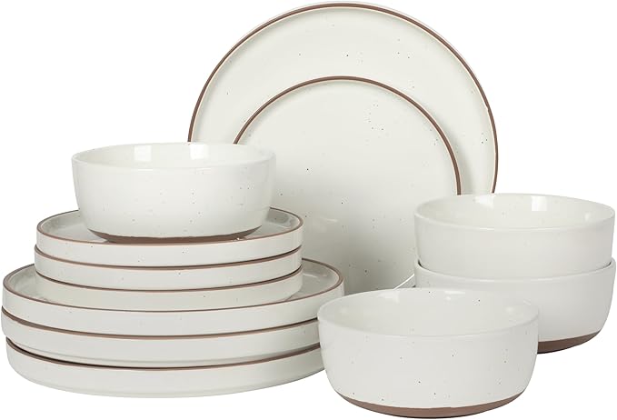 Gibson Elite Northrock Stoneware Dinnerware Set, 16-Piece Service for 4 Plates and Bowls Set – White Dishes with Hand-Painted Terracotta Base