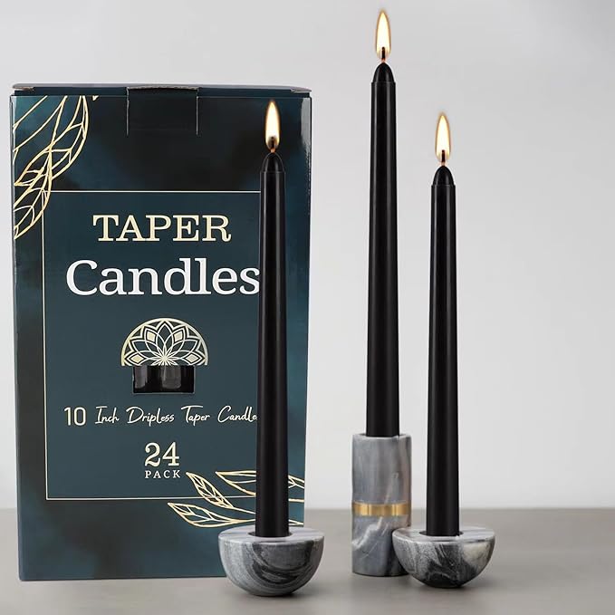 24 Pack Black Taper Candles, 7-8 Hours Burn Time, Unscented, Smokeless and Dripless, 0.75 x 10 Inch Dinner Candle Set for Halloween, Household, Wedding, Party and Home Décor Candlesticks