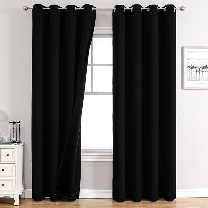 ChrisDowa 100% Blackout Curtains for Bedroom with Black Liner, 2 Thick Layers Total Blackout Thermal Insulated Grommet Window Curtains 2 Panels Set (Black, 52 x 72 Inch)