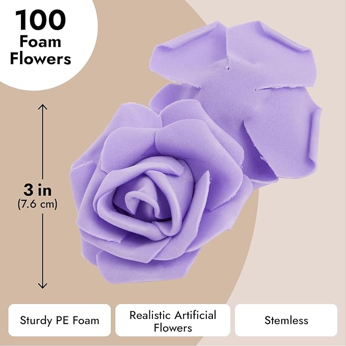 Juvale 100-Pack Purple Faux Flowers for Wedding Decor - 3-in Stemless Artificial Roses - Reusable Plastic Heads for Centerpiece Table Decorations & Crafts