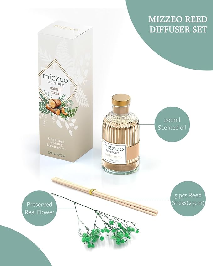 MIZZEO Reed Diffuser Set, Natural Wood 6.76 fl oz Highly Scented Room Diffuser Home Fragrance Essential Oil Reed Flower Diffuser, House Bedroom Office Decor & Gifts