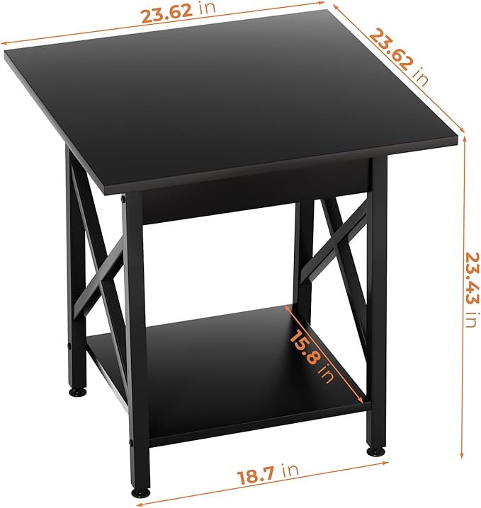 GreenForest End Table 24 inch for Living Room, Large Square Side Tables with X-Frame, Tall Industrial Bedside Nightstand with 2-Tier Storage, Black