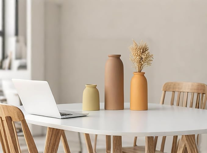Ceramic Vase Set-3, Small Flower Vases for Decor, Modern Boho Farmhouse Style, Decorative Vases for Pampas Grass & Dried Flowers, Distressed Finish (Brown Mix)