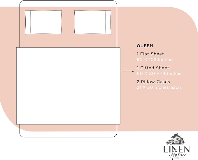 Linen Home 100% Cotton Percale Sheets Queen Size, Brushed Rose, Deep Pocket, 4 Pieces Set - 1 Flat, 1 Deep Pocket Fitted Sheet and 2 Pillowcases, Crisp Cool and Strong Bed Linen