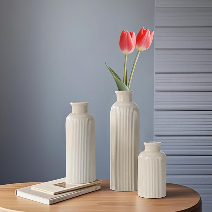 Small Beige Ceramic Vase Set of 3, Boho Modern Beige Flower Vase Room Decor, Farmhouse Decor, Vases for Your Kitchen, Bathroom, Bedroom, Living Room, Office&Shelf Centerpiece Table Decorations