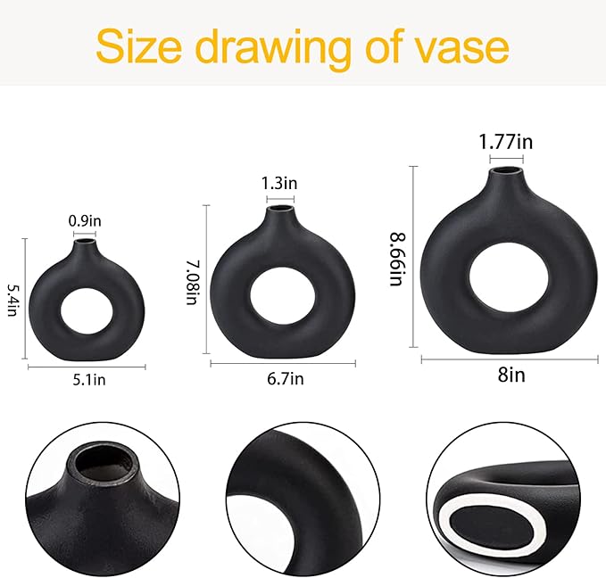 Black Ceramic Vases -for Modern Home Decor,Black Round Vase Set 3 Matte Design Minimalist Nordic Boho Style for Wedding Dinner Table Living Room Office Bedroom, Decorative Gift