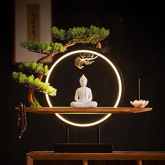 Shakyamuni Buddha Ceramic Statue Indoor Backflow Incense Burner with Led Ring Light，Meditation Decoration for Home and Office, Suitable for Cone and Stick Incense