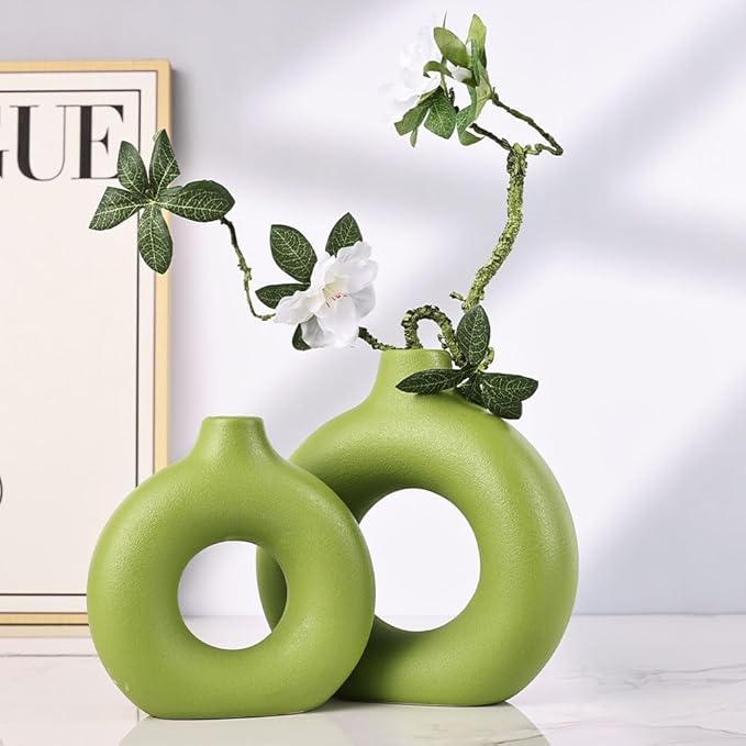 Green Ceramic Vase Set of 2, Flower Vase for Home Decor, Donut Vase for Green Decor, Modern Boho Decorative Vase, Round Hollow Pampas Grass Vase, Perfect for Dining Table, Mantel & Centerpiece