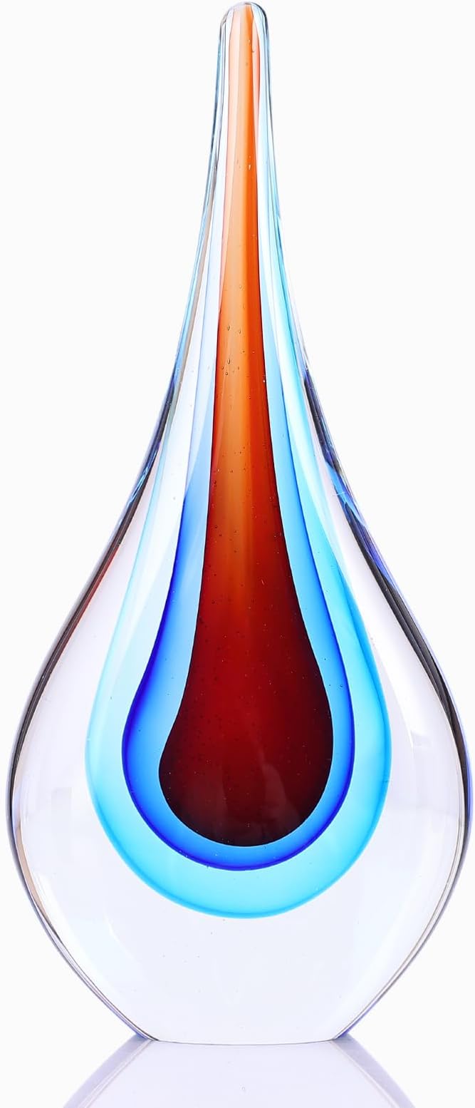 DOVDOV Blown Glass Sculpture, Blue and Brown Glass Art Teardrop Statue, Unique Ocean Theme Decoration for Office, Bookshelf, Dresser, Living Room Coffee Table, Fireplace countertop Decoration.