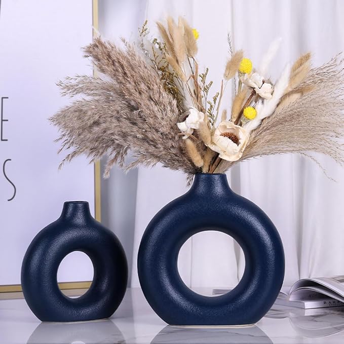Blue Ceramic Vases Set - 2 Circular Donut Vases for Farmhouse or Country Style Decor, Modern Blue Accents for Living Room, Table Centerpiece, Fireplace Mantel or Entryway Shelf Decoration
