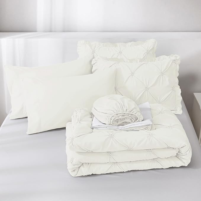 JOLLYVOGUE Ivory King Size Comforter Sets 7 Pieces, Pintuck Bed in a Bag Comforter Set for Bedroom, Bedding Comforter Sets with Comforter, Sheets, Ruffled Shams & Pillowcases