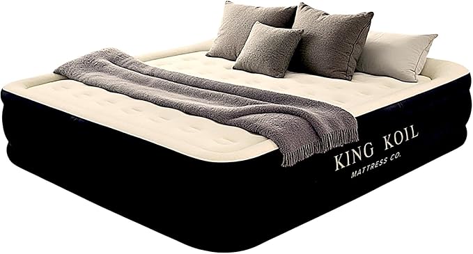 King Koil Premium California King Air Mattress with Built-in High-Speed Patented Pump for Home, Camping & Guests- 16in Inflatable Double High Airbed Blow Up Bed, Waterproof, 1 Year Warranty