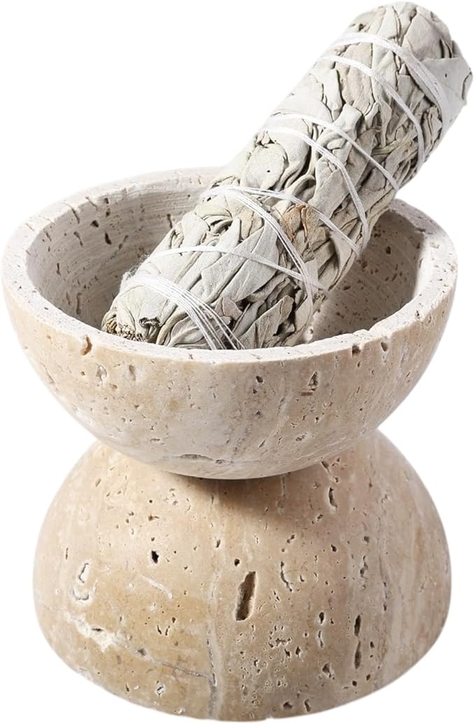 Koville Natural Travertine Stone Incense Burner, Incense Holder for Cone/Balsam Fir/Palo Santo/Sage, Handmade Sphere Incense Burner for Meditation Yoga SPA Relaxation, Home Decor,Beige Travertine