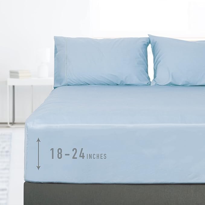 Sunflower Full Fitted Sheet, 1-Piece Extra Deep Pocket Fitted Bottom Sheet 22", 100% Cotton Sateen Soft Breathable, Powder Blue