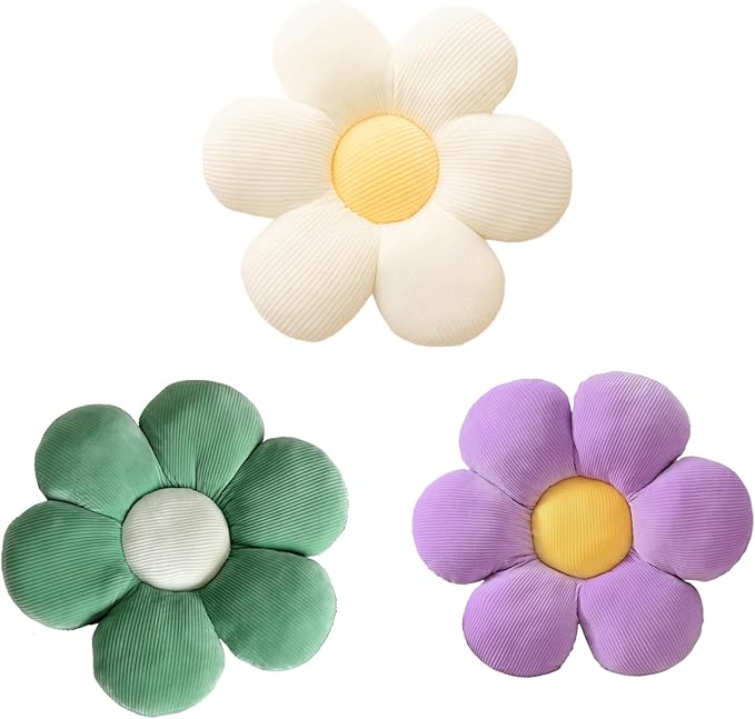 3Pcs Flower Pillow - Flower Shaped Throw Pillow Seating Cushion, Cute Daisy Flower Pillow Floor Pillows for Adults Kids Home Bedroom Sofa Chair Couch Decor (White/Green/Purple, 15.74 in)