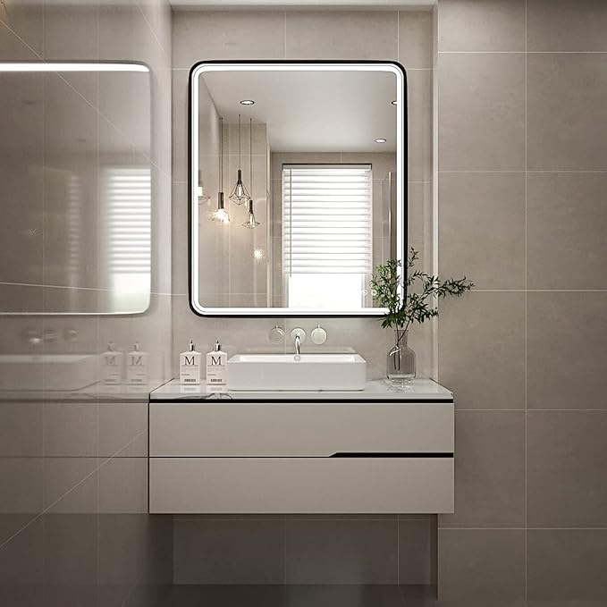 30X36 Inch LED Mirror for Bathroom,Black Metal Frame Lighted Vanity Mirror,Large Wall Mounted Makeup Mirror,6000K,Dimmable Anti-Fog