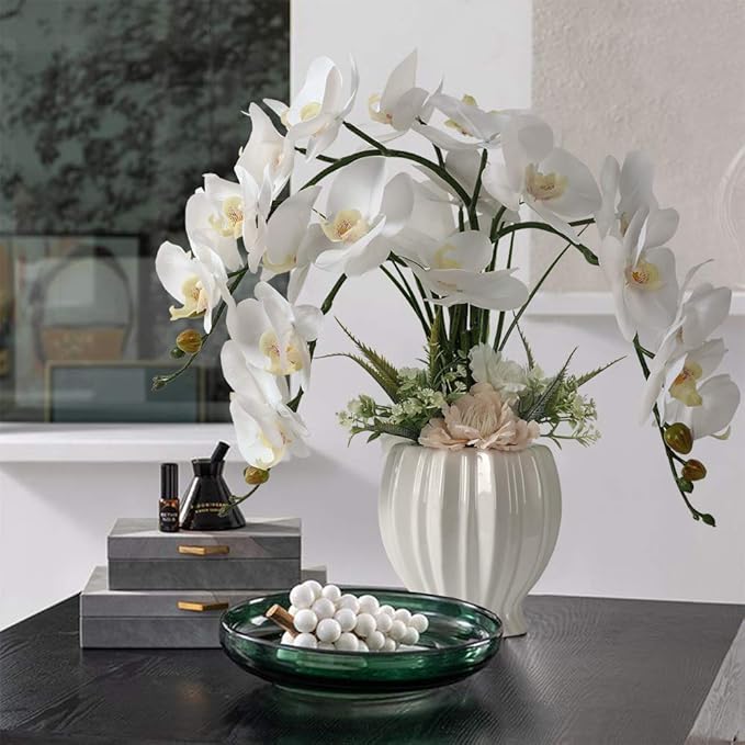 LESING Artificial Potted Orchid Flower for Table Centerpieces,Real Touch White Fake Orchid Flowers in Vase for Home Decoration (Style 3,White Vase)