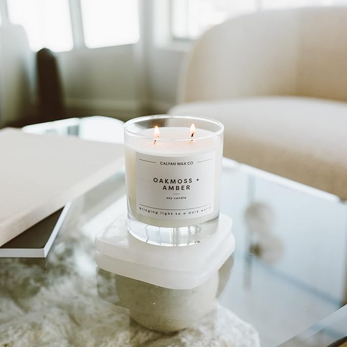 Calyan Wax Co. 2 Wick Candle, Oakmoss + Amber Scented Candle, 37 Hour Burn Time, Aromatherapy Soy Candles, Non Toxic & Vegan Soy Wax, Glass Tumbler Scented Candles, 8.8oz