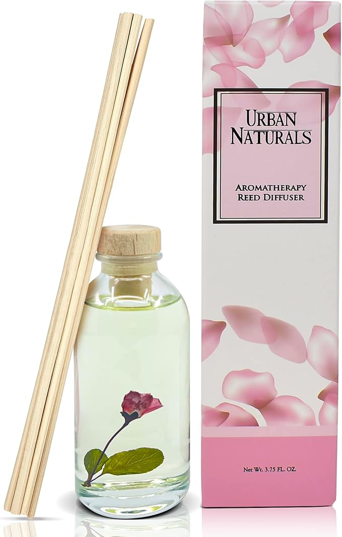 Urban Naturals Pink Amber Blush Reed Diffuser Set | Made with Essential Oils & Real Botanicals | Beautiful Florals, Luscious Fruits, Vanilla, Amber & Sandalwood | Made in The USA