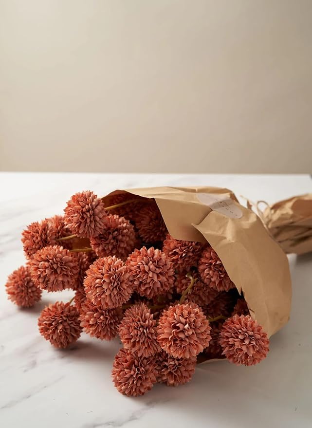 Fall Flowers Artificial Pompon Mum Burnt Orange, 5Pcs Fake Kiku Flowers Silk Small Mini Chrysanthemum Ball Faux Mum Decor for Autumn Filler DIY Bouquet Centerpieces Arrangements Shower(Burnt Orange)