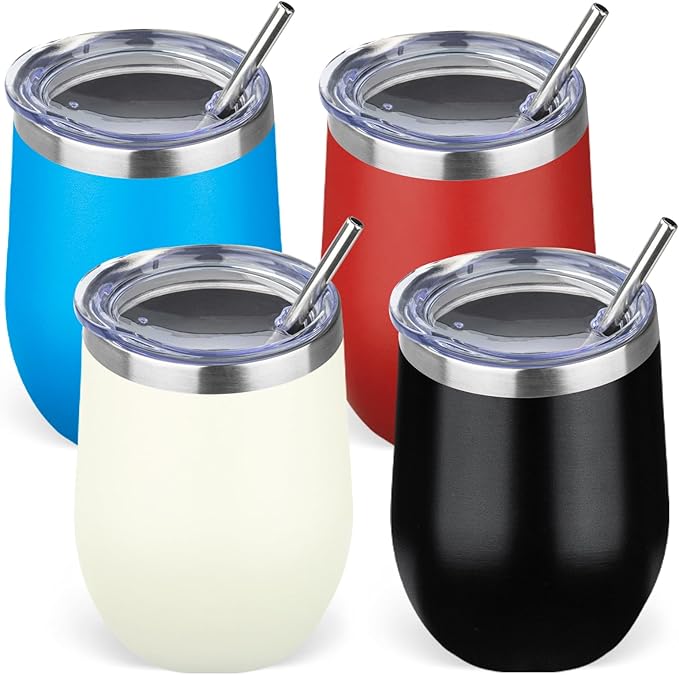 12oz/4 Pack Stainless Steel Wine Tumbler with Lid and Straw, Double Wall Vacuum Insulated Wine Tumbler Glasses, Stemless Travel Mugs for Hot and Cold Drinks, Coffee, Wine, Cocktails