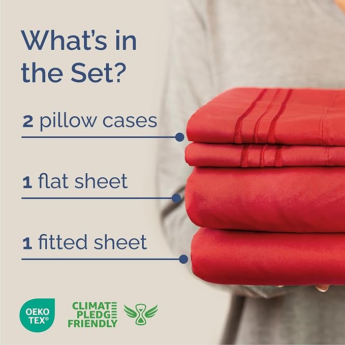 Cal King Size 4 Piece Sheet Set - Comfy Breathable & Cooling Bed Sheets Set - Hotel Luxury Bedding for Women, Men, Kids, Teens, Boys & Girls - Deep Pockets, Ultra-Soft, Wrinkle Free - Oeko-Tex - Red
