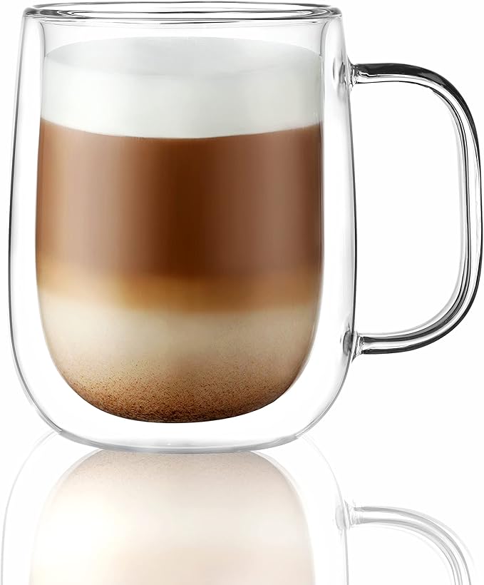 CNGLASS Large Double Wall Glass Coffee Mug 15.2oz,Clear Insulated Glass Espresso Cup with Big Handle,set of 1