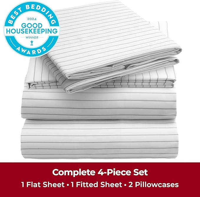 Mellanni Full Sheets Set - 4 PC Iconic Collection Bedding - Hotel Luxury, Extra Soft, Cooling Bed Sheets - Wrinkle, Fade, Stain Resistant (Full, Pin Stripe Gray)