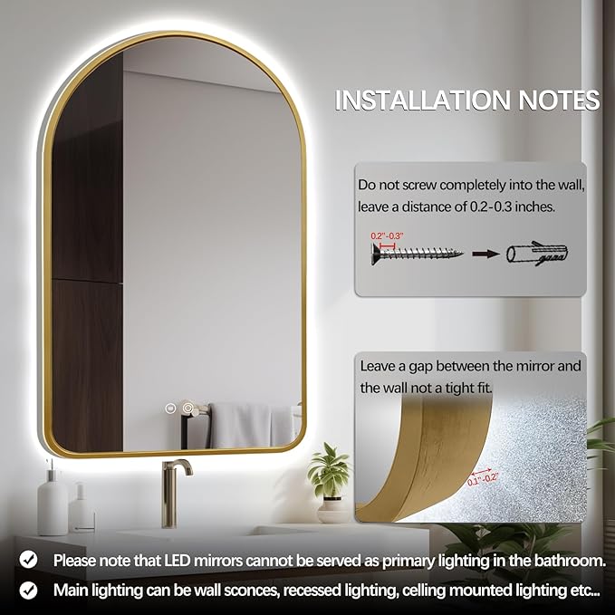 40"x24" Arched LED Bathroom Mirror, Wall Mounted Backlit Mirror with Lights Fog Free Lighted Framed Mirror Smart Anti-Fog 3 Color Temperatures Adjustable Brightness Gold
