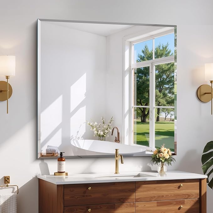 Beveled Mirror, 42x42 inch Square Bathroom Mirrors for Wall, Upgraded Shatterproof Frameless Vanity Mirror Over Sink with Beveled Edge for Bathroom,Bedroom,Living Room and Entryway