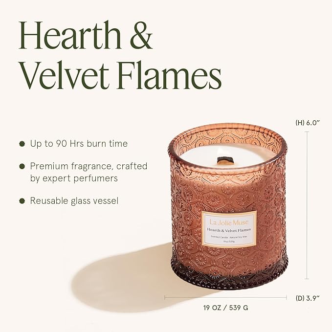 LA JOLIE MUSE Hearth & Velvet Flames Candle - Saffron, Clove, Vanilla | 19 oz Large Wooden Wick Candles | Natural Soy Wax | 90 Hours Clean Burn | Holiday Candle Gifts | Gift-Ready for Hosts