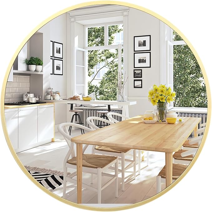 Gold Circle Mirror for Wall 32 Inch, Round Mirror, HD Eco-Friendly Round Bathroom Mirror for Over Sink, Big Matte Gold Metal Framed Wall Mirror for Wall, Vanity, Entryway, Hallway, Easy to Install