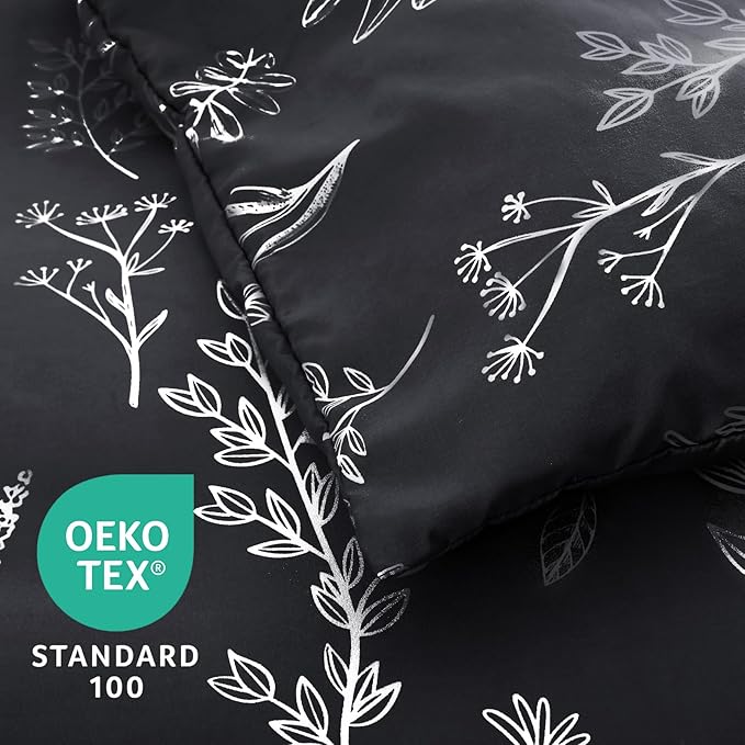 MUXHOMO Black King Comforter Set, Elegant Floral Print Bed in a Bag 7 Pieces, Ultra Soft & Breathable Reversible Botanical Pattern Bedding Set with Comforter, Sheets, Pillowcases, and Shams