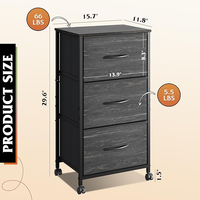 WLIVE Dresser with 3 Drawers, Fabric Nightstand, Cabinet with Wheels, Organizer Storage Dresser for Bedroom, Office, Closets, Sturdy Steel Frame, Easy Pull Handle, Charcoal Black Wood Grain Print