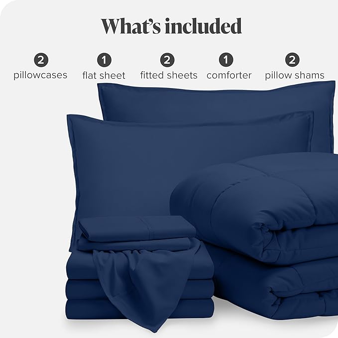 Bare Home Bed-in-A-Bag 8 Piece Comforter & Sheet Set - Split King - Goose Down Alternative - Ultra-Soft 1800 Premium Bedding Set (Split King, Dark Blue/Dark Blue)