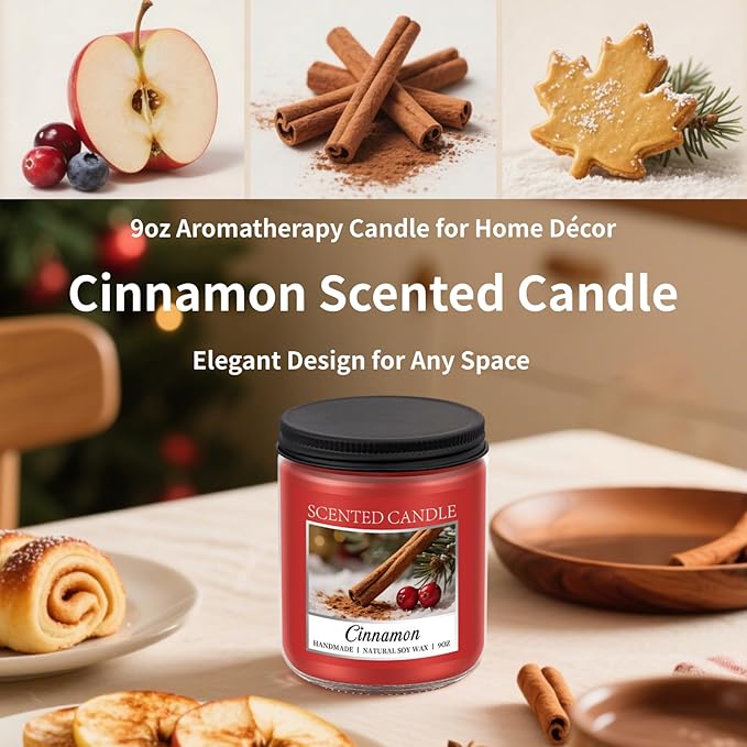 Homsolver Cozy 9OZ Cinnamon Candle Scented Strong, Christmas Candles Cinnamon Stick Apple Scented with 50+ Hours of Burn Time, Fall & Winter Christmas Candles Gifts & Hoilday Home Décor