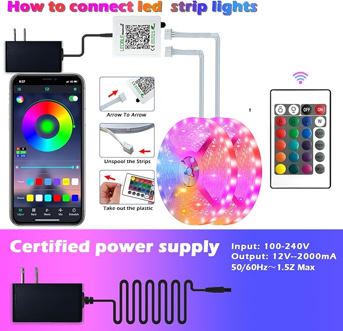 Led Strip Lights, 150ft/45m Long Smart Led Light Strips Music Sync 5050 RGB Color Changing Rope Lights,Bluetooth APP/IR Remote/Switch Box Control Led Lights for Bedroom,Home Decoration,Party,Festival