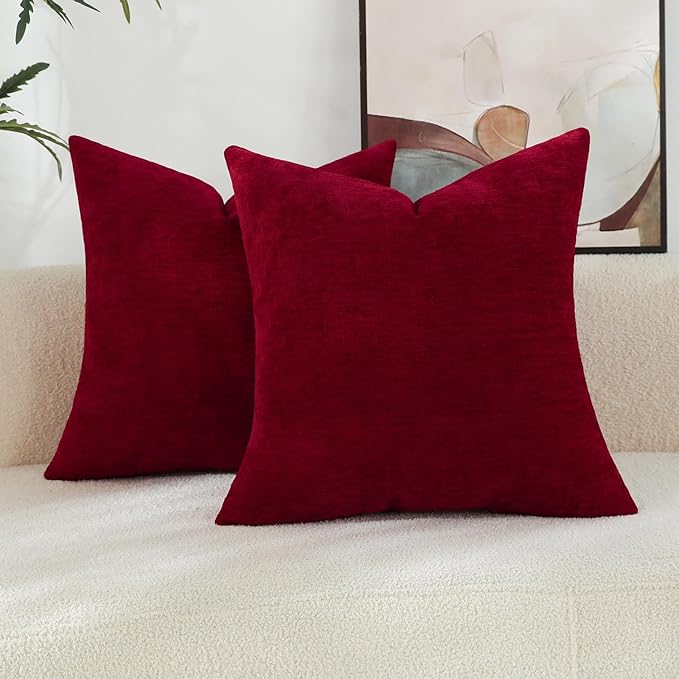 Santa Red Chenille Decorative Couch Throw Pillow Covers, Soft Cushion Cases for Home Livingroom Sofa Décor, Pack of 2, 18 x 18 Inches