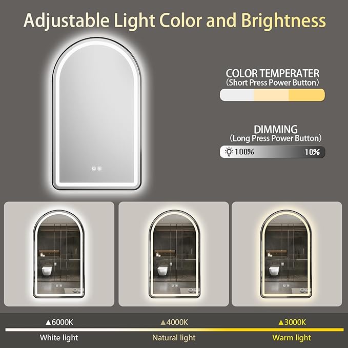 30x40 inch Black Tempered Glass LED Arched Mirror for Bathroom Vanity Mirror or Wall Decor Arch Mirror Brushed Metal Frame Wall Mounted Mirror for Bathroom