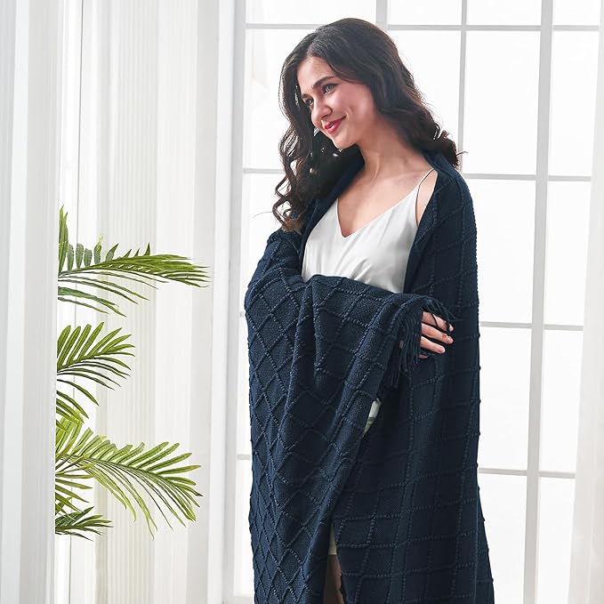 inhand Knitted Throw Blankets for Couch and Bed, Soft Cozy Knit Blanket with Tassel, Dark Blue Lightweight Decorative Blankets and Throws, Farmhouse Warm Woven Blanket for Men and Women, 60"x80"