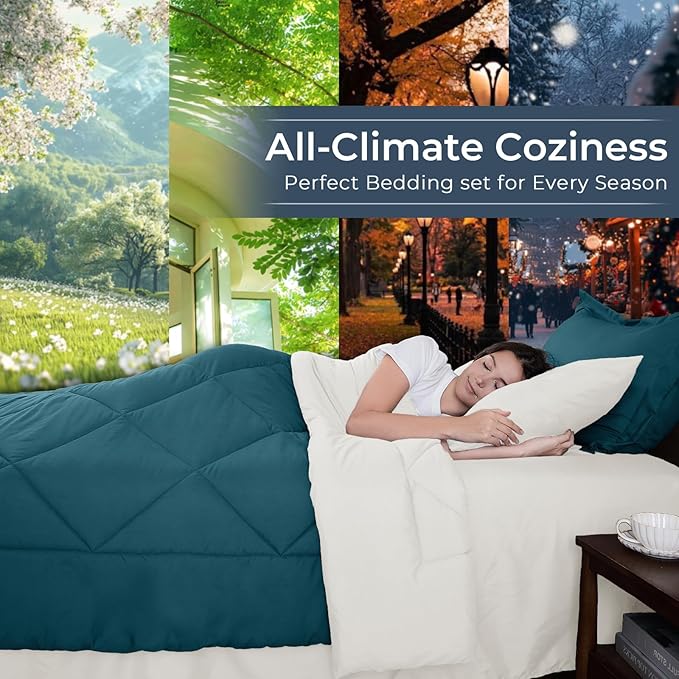 HEVUMYI King Comforter Set - 7-Piece All Season Bed in a Bag King, Ultra Soft Bedding Set with Comforter, Flat Sheet, Fitted Sheet, Pillowcases, Pillow Shams, Peacock Blue & Ivory