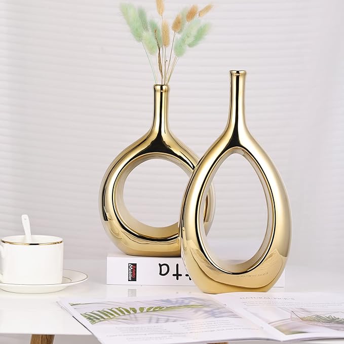 Glossy Gold Vase Ceramic Gold Vases Home Decor,Modern Minimalist Circle with Hole Decorative Vase, Hollow Ellipse Flower vases for Bookshelf, Fireplace Mantle, Centerpieces,Farmhouse,Rustic Décor