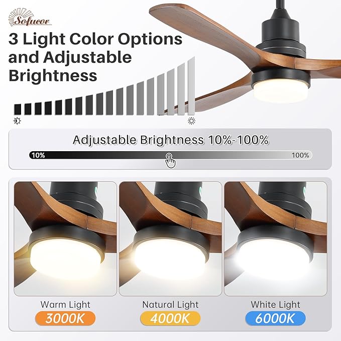 Sofucor 52 Inch Solid Wood Ceiling Fans With Lights, Low Profile Ceiling Fan with Light and Remote, 3 Downrod, Reversible DC Motor, Indoor/Outdoor 3 Blade Ceiling Fan Light for Bedroom Farmhouse Patio