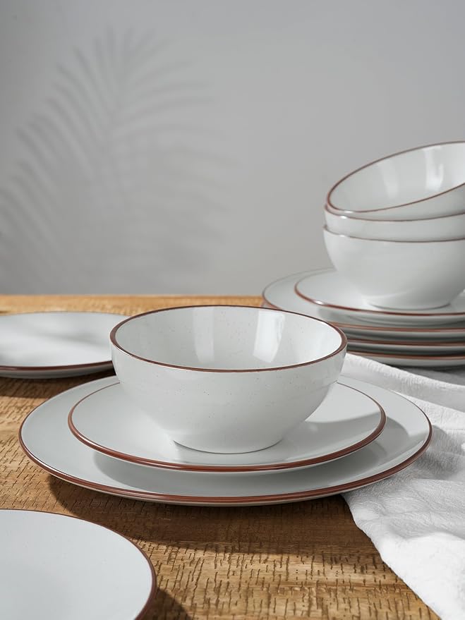 Famiware Venus Plates and Bowls Sets, 24 Pieces Stoneware Dinnerware Sets, Speckled Dishes Set for 6, Microwave and Dishwasher Safe, White