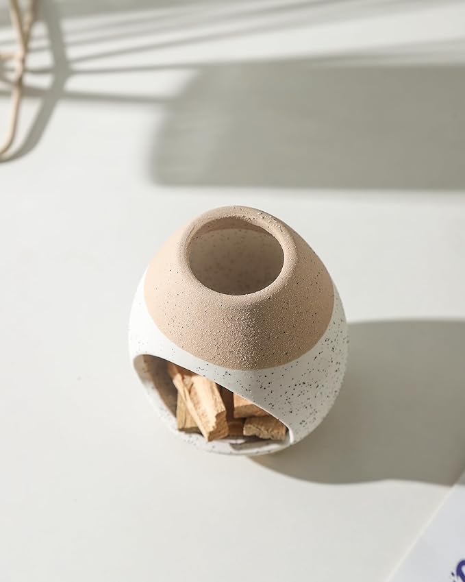 Palo Santo Holder Burner, Handcrafted Ceramic Incense Holder Burner and Ash Catcher for Palo Santo Sticks or sage Bundles, Smudge Bowl, Meditation Home Decor (White Yellow)