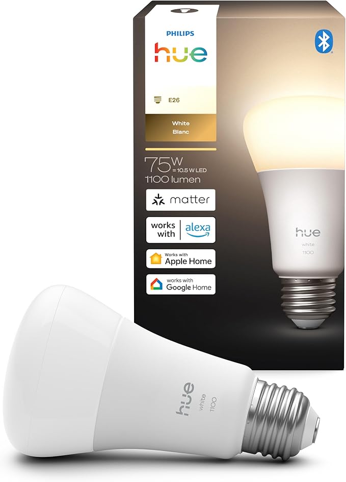 Philips Hue Smart LED A19 Bulb, Warm White Light 2700K, E26 Base, 10.5W, 1100 Lumens, Dimmable, Works with Alexa, Google Assistant, and Apple Home, 1 Pack