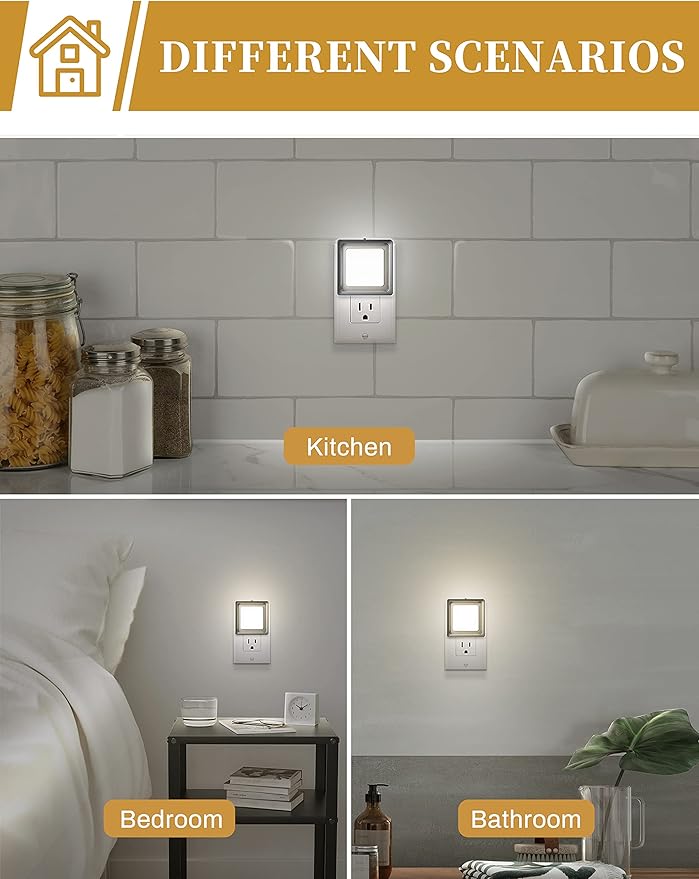 DORESshop Night Light [2 Pack], LED Night Light with Dusk to Dawn Sensor, Night Lights Plug Into Wall, Adjustable Brightness Nightlights for Adults, Bedroom, Bathroom, Kitchen, Daylight White 5000k